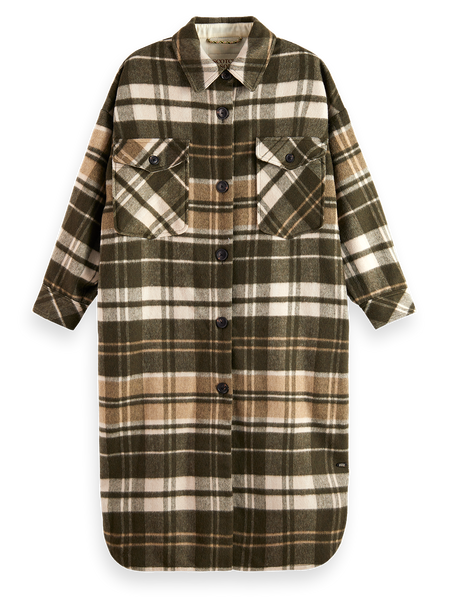 Wool Blend Checked Long Shirt Jacket Scotch Soda