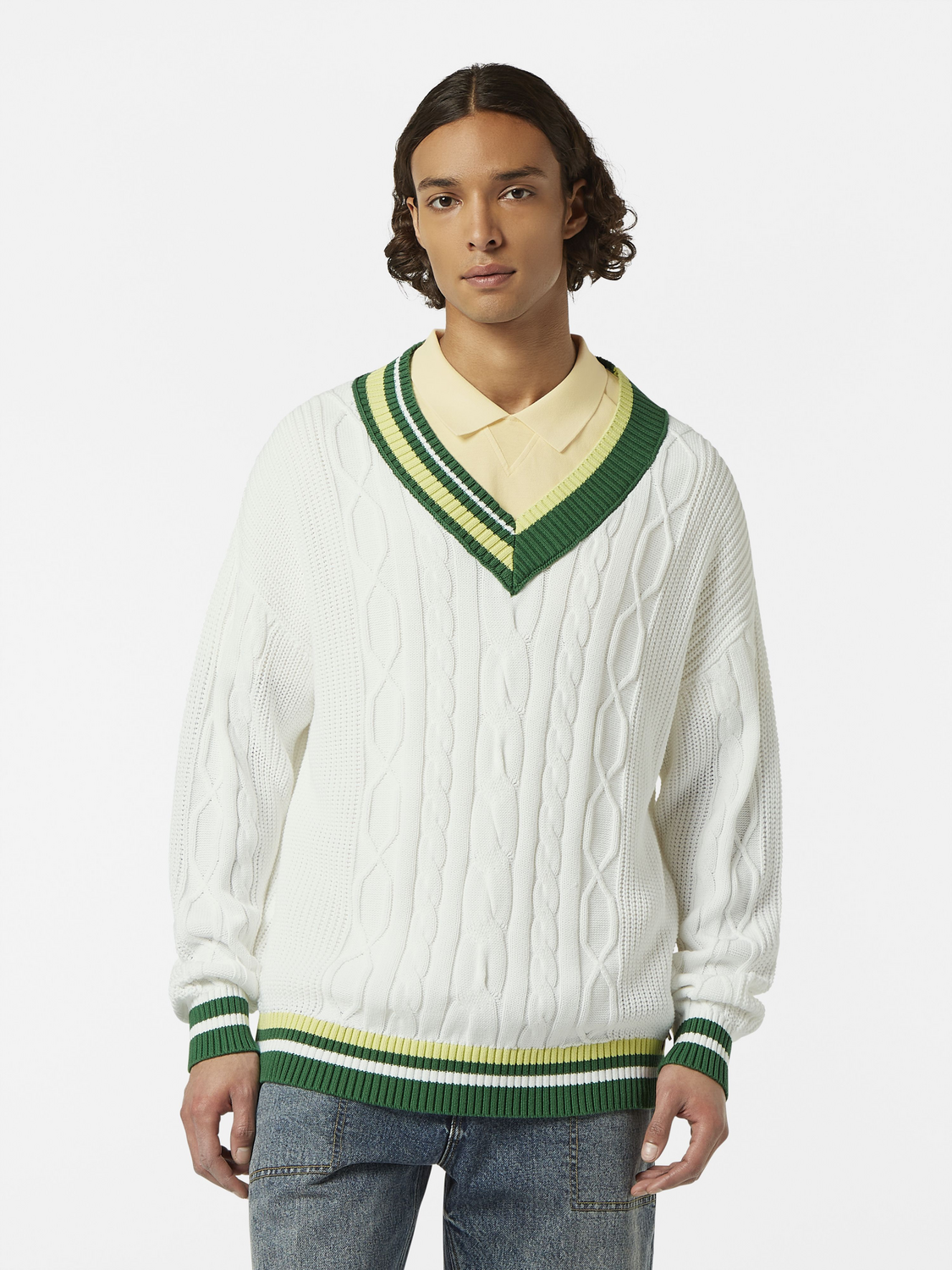 V-Neck Drop Shoulder Cable Knit Pullover