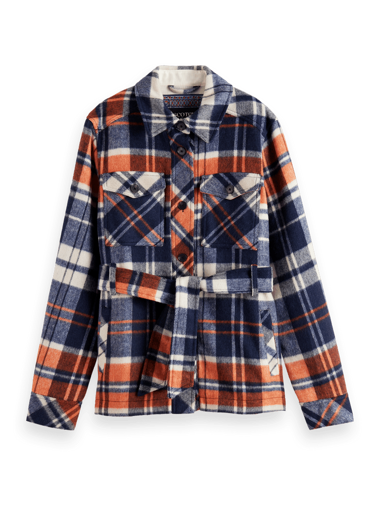 Wool Blend Check Belted Overshirt