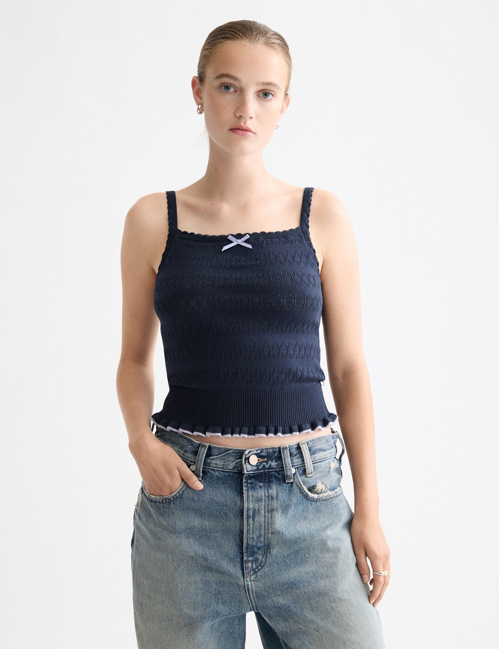 Scotch and Soda Pointelle Collared Knitted Tee in Infinity Melange
