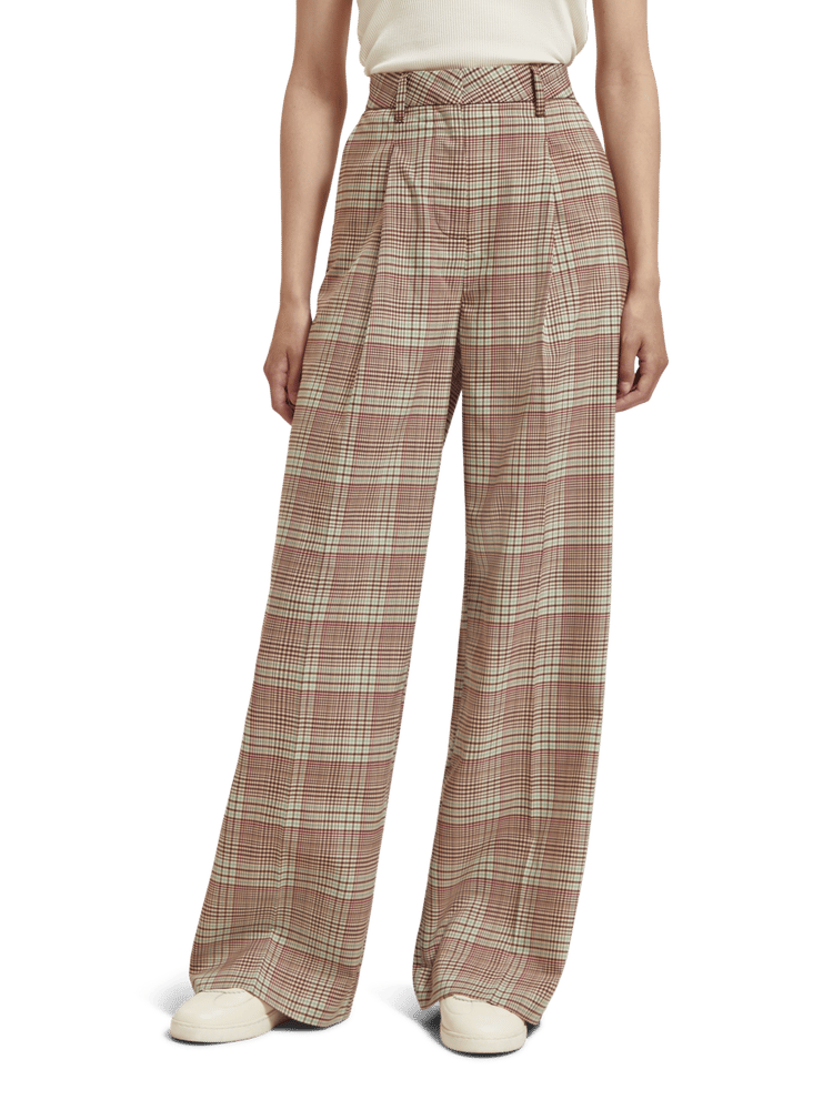 Wide-Leg Pleated Prince of Wales Checked Wool Trousers
