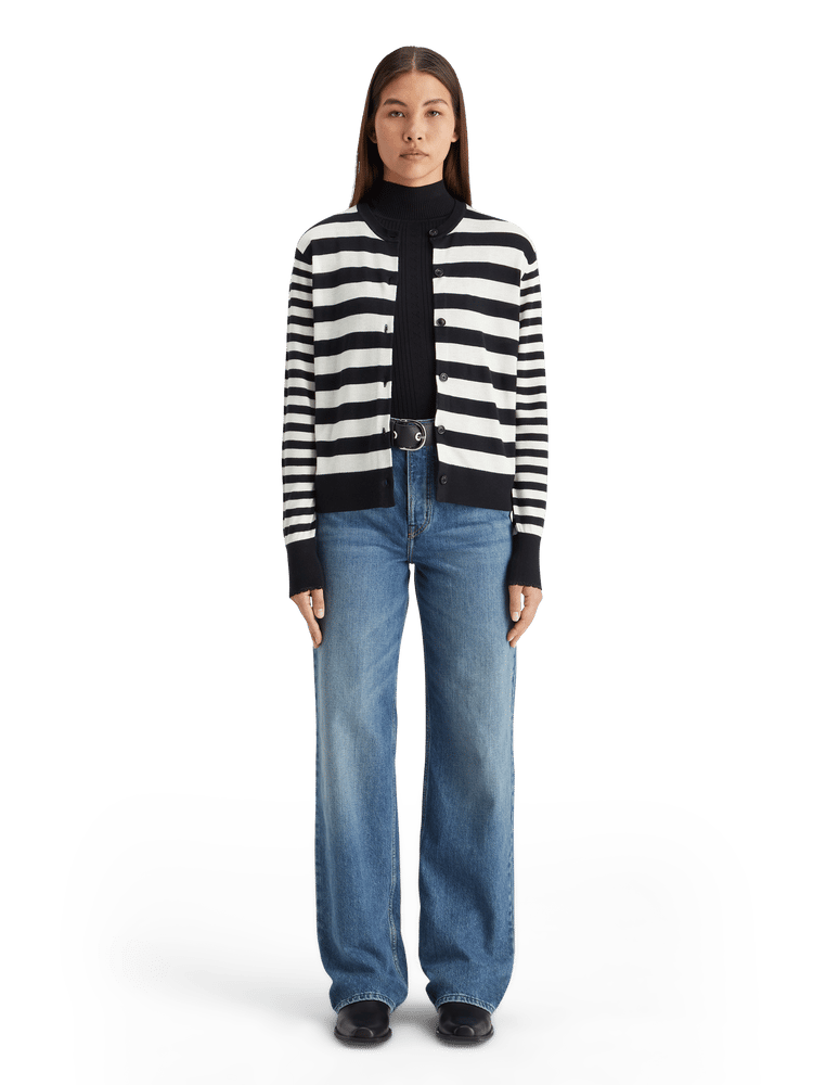 Striped Crew Neck Relaxed Fit Cardigan