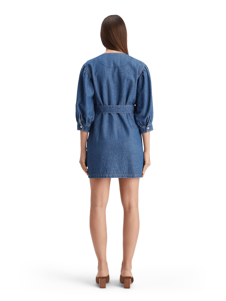 Belted V-Neck Washed Denim Mini Dress