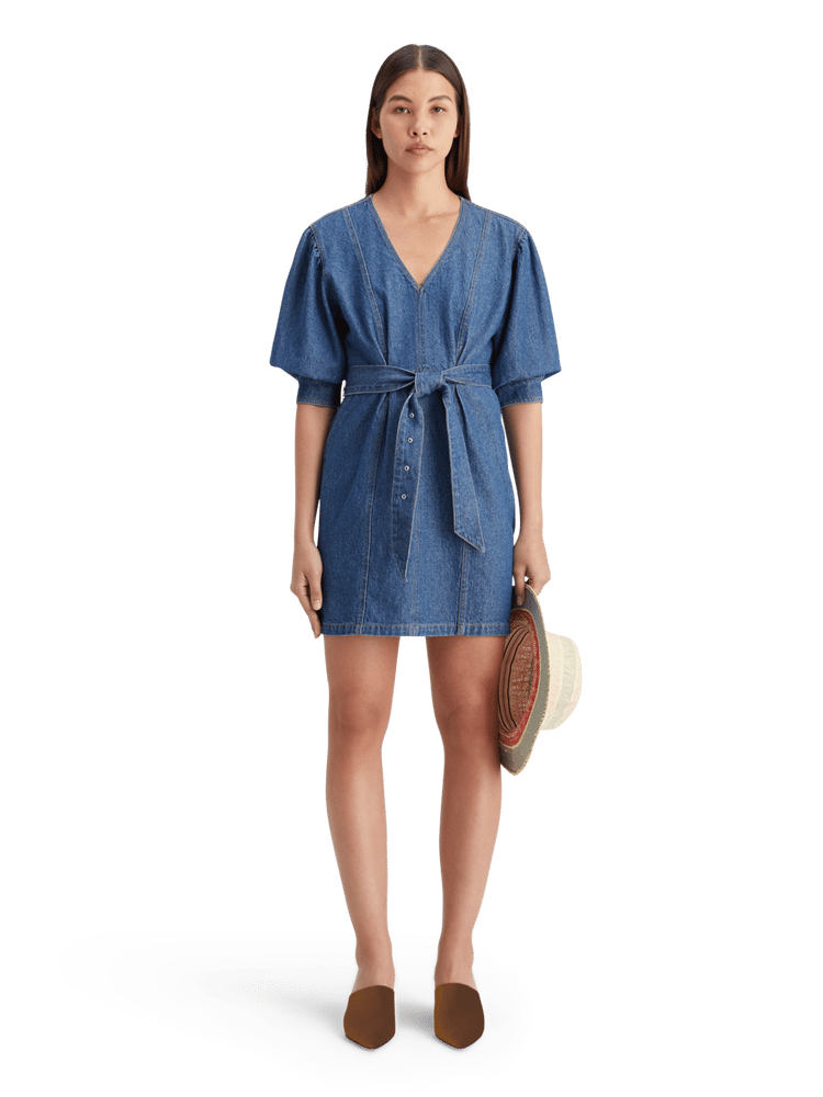 Belted V-Neck Washed Denim Mini Dress