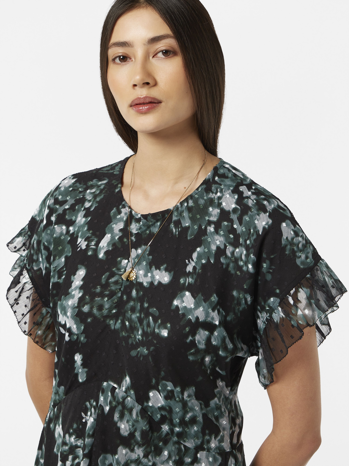 Floral Printed Fil Coupe Mini Ruffle Dress