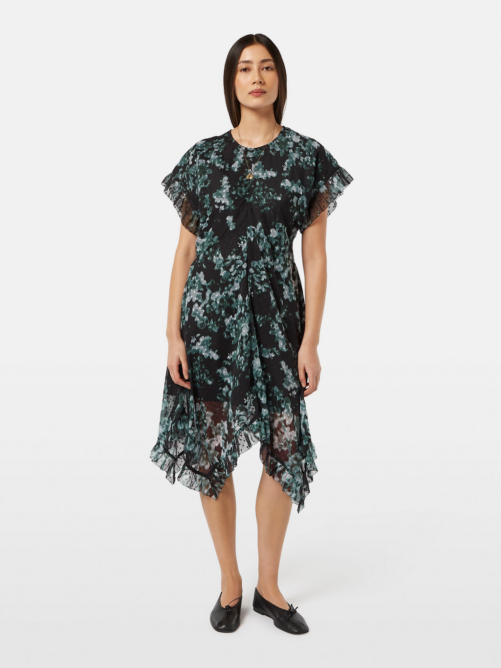 Floral Printed Fil Coupe Mini Ruffle Dress