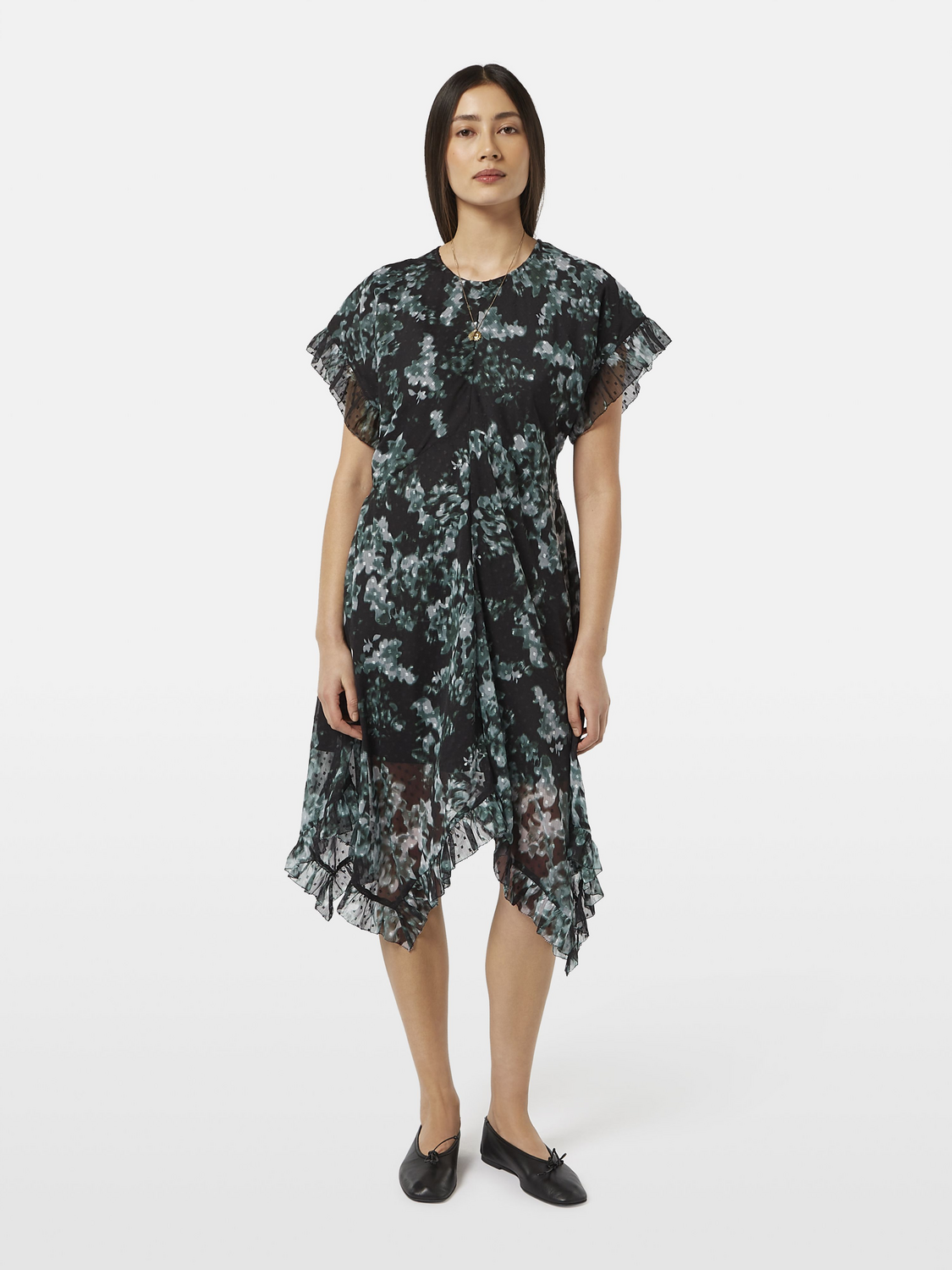 Floral Printed Fil Coupe Mini Ruffle Dress