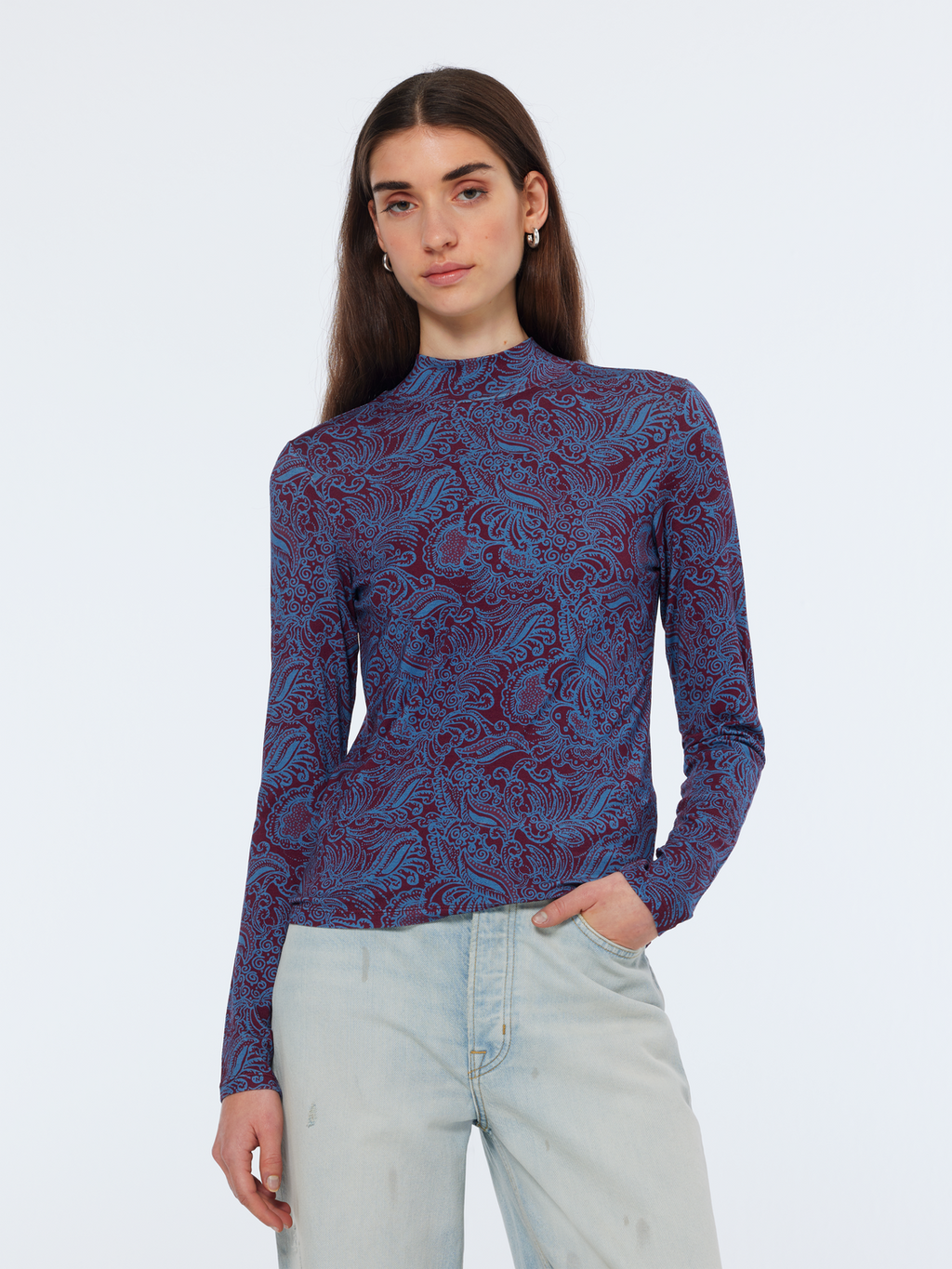 Paisley Printed Mock Neck Long Sleeve Shirt
