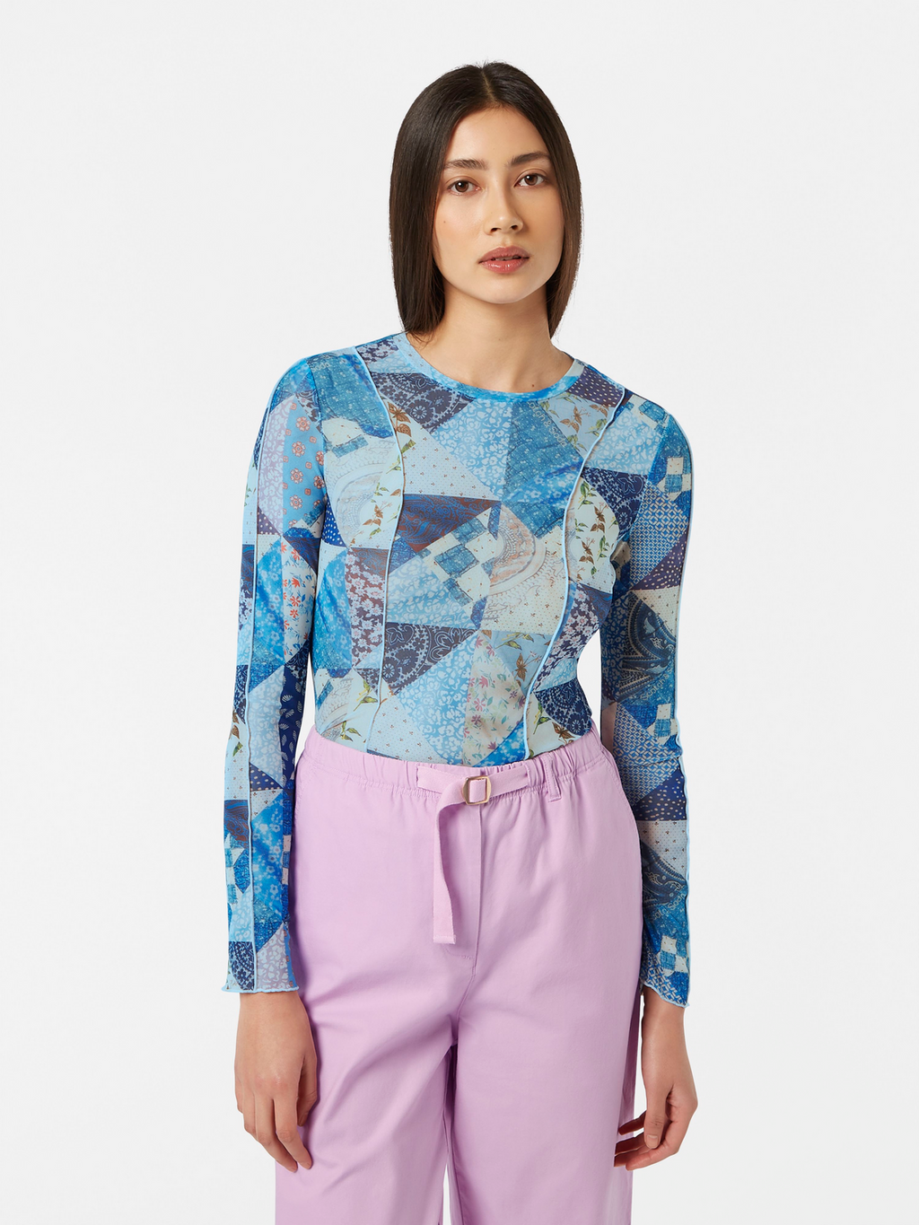 Quilted Print Mesh Long Sleeve Shirt