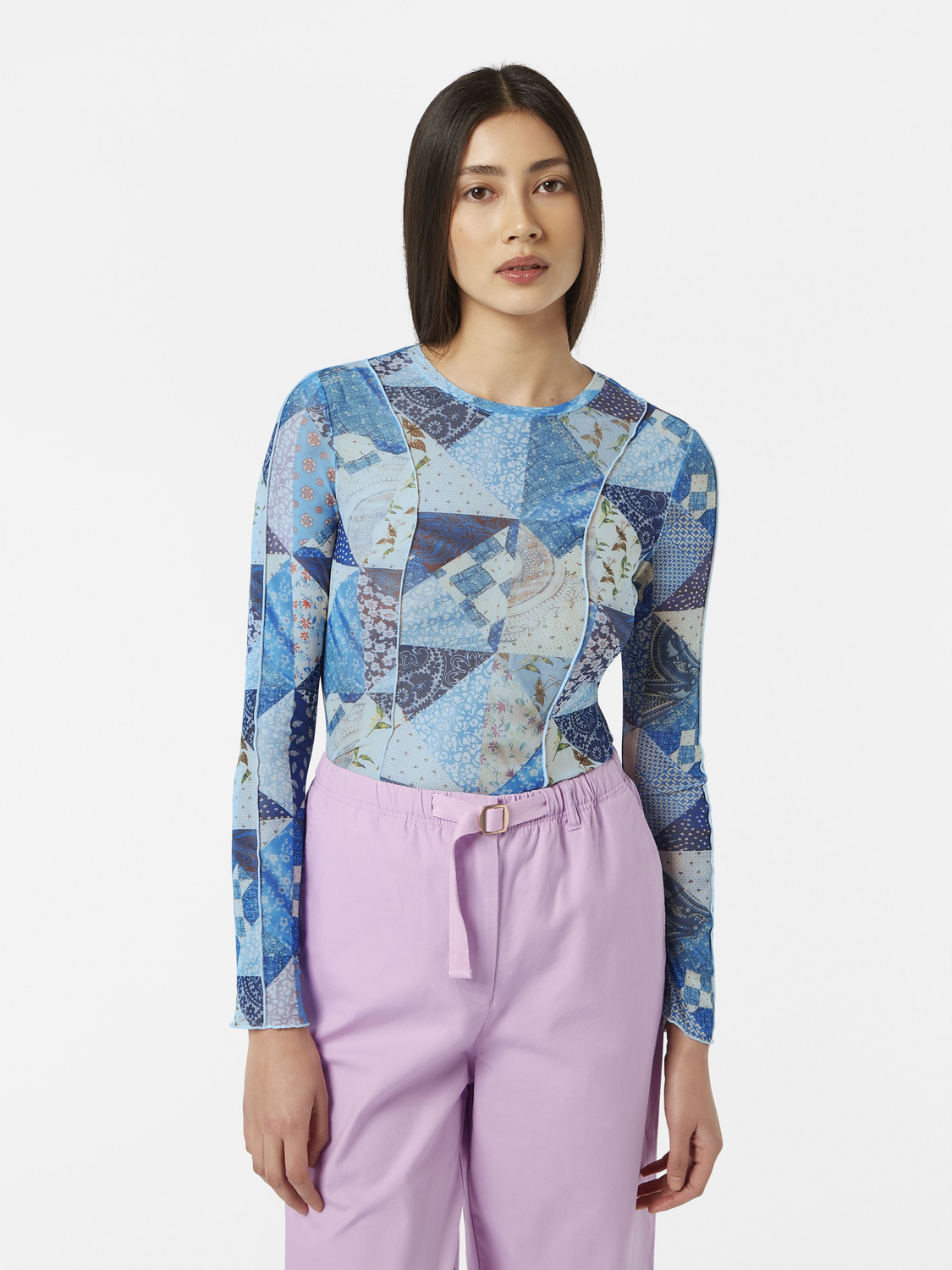 Quilted Print Mesh Long Sleeve Shirt