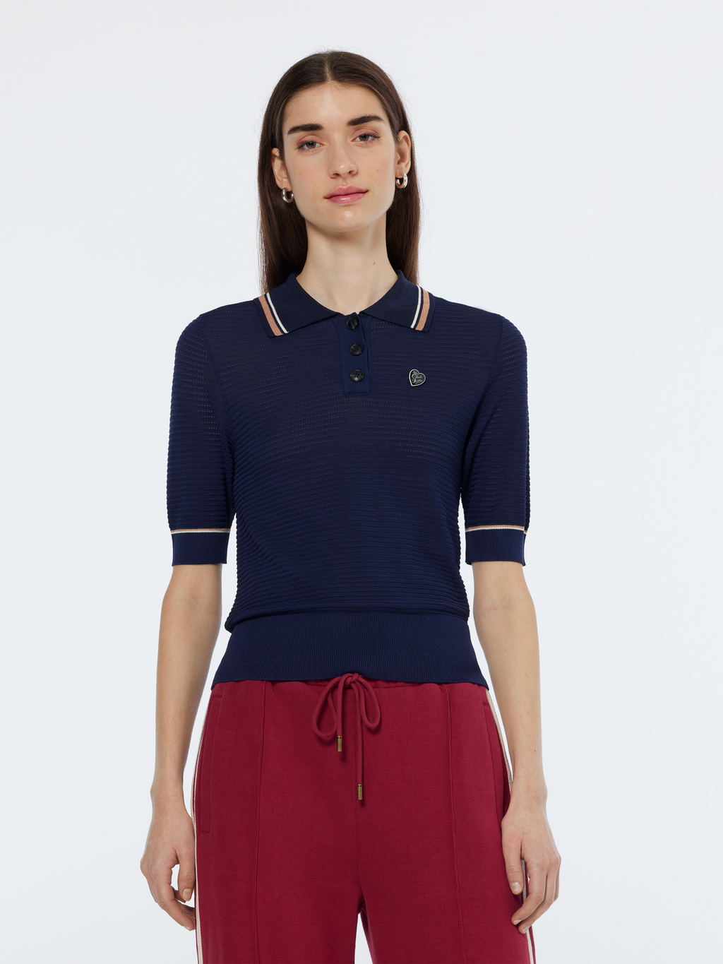 Pointelle Collared Knit Top