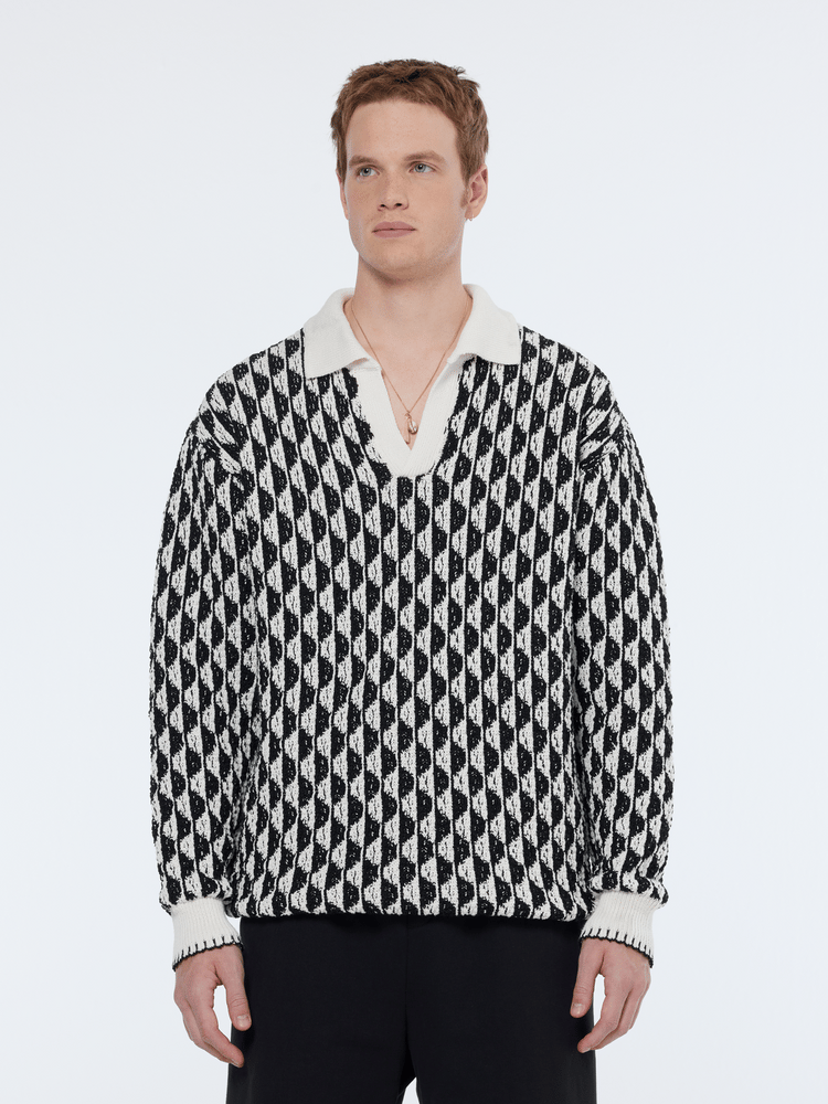 Jacquard Drop Shoulder Long Sleeve Polo