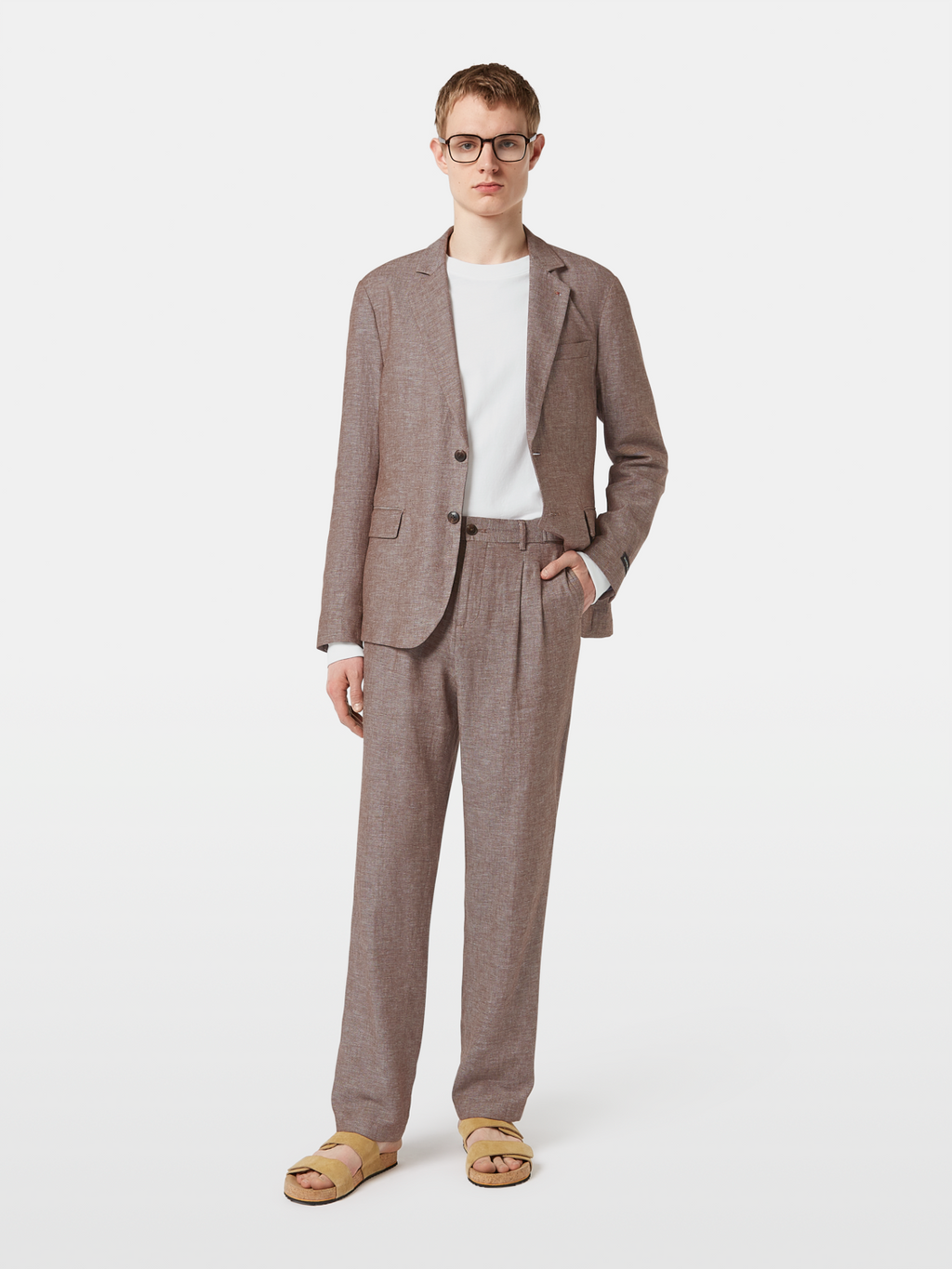 Pleated Straight Cotton-Linen Twill Chino