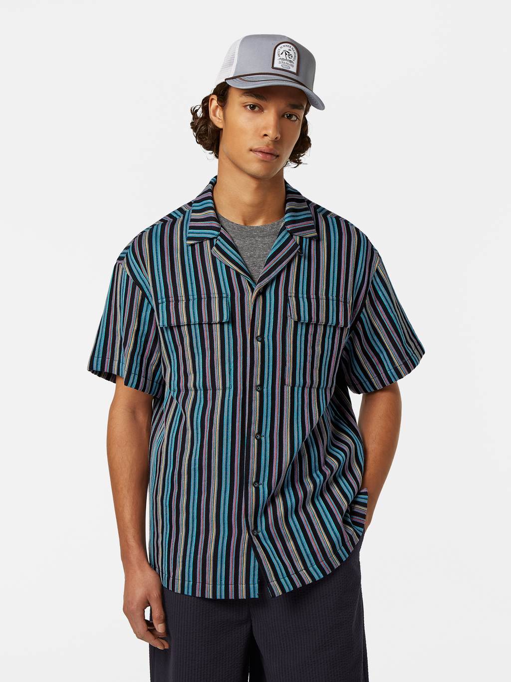 Striped Short Sleeve Relaxed-Fit Jacquard Shirt