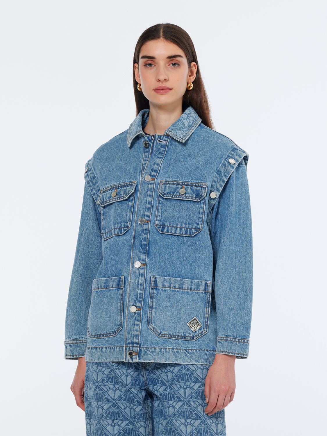 Washed Denim Jacket With Detachable Sleeves