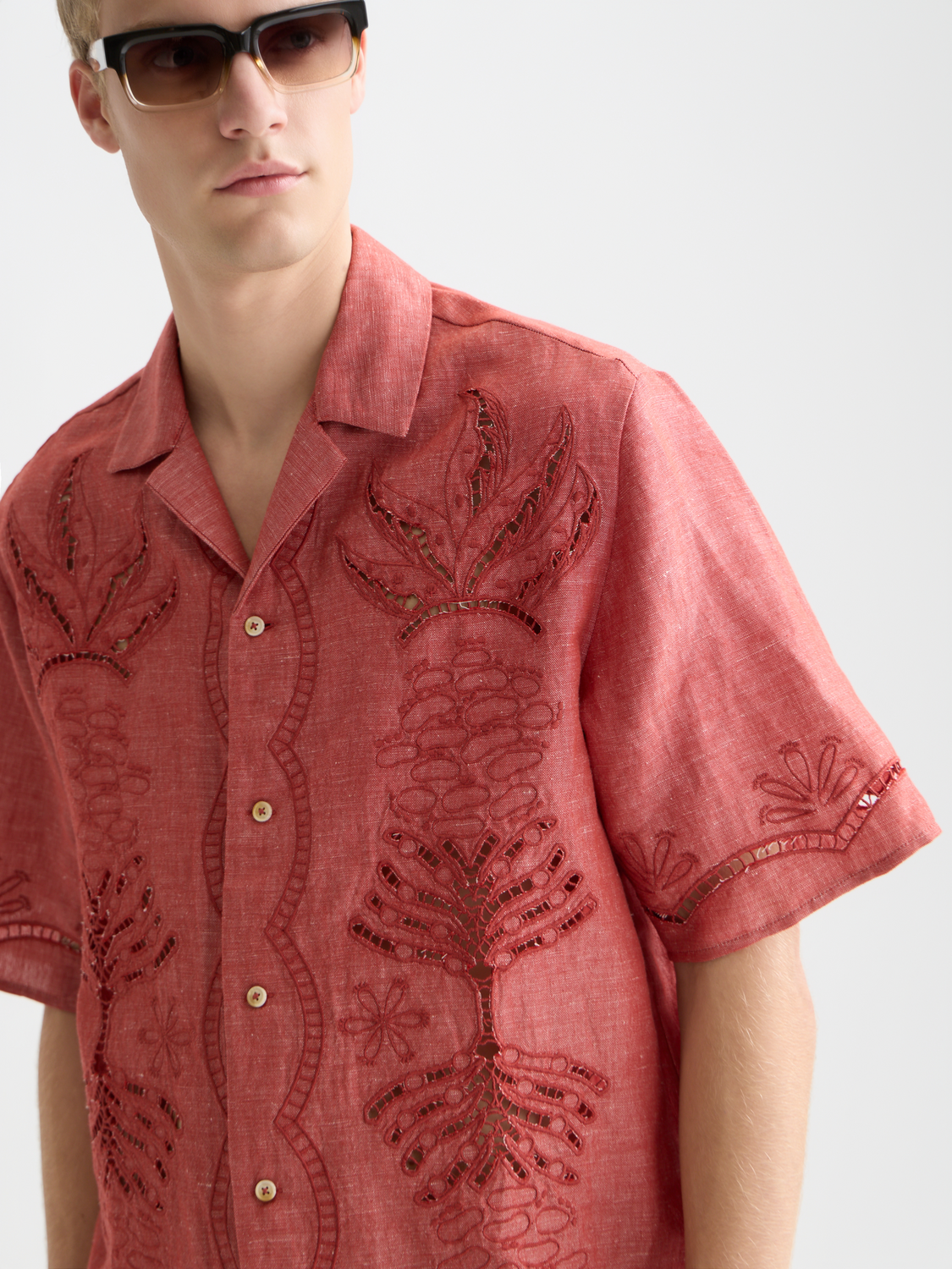 Embroidered Cut Open Detail Short-Sleeve Shirt