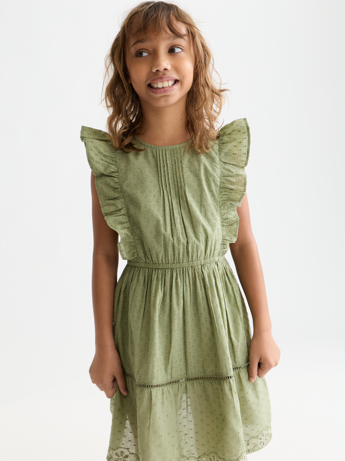 Girls' Embroidered Hem Clip Jacquard Cotton Dress