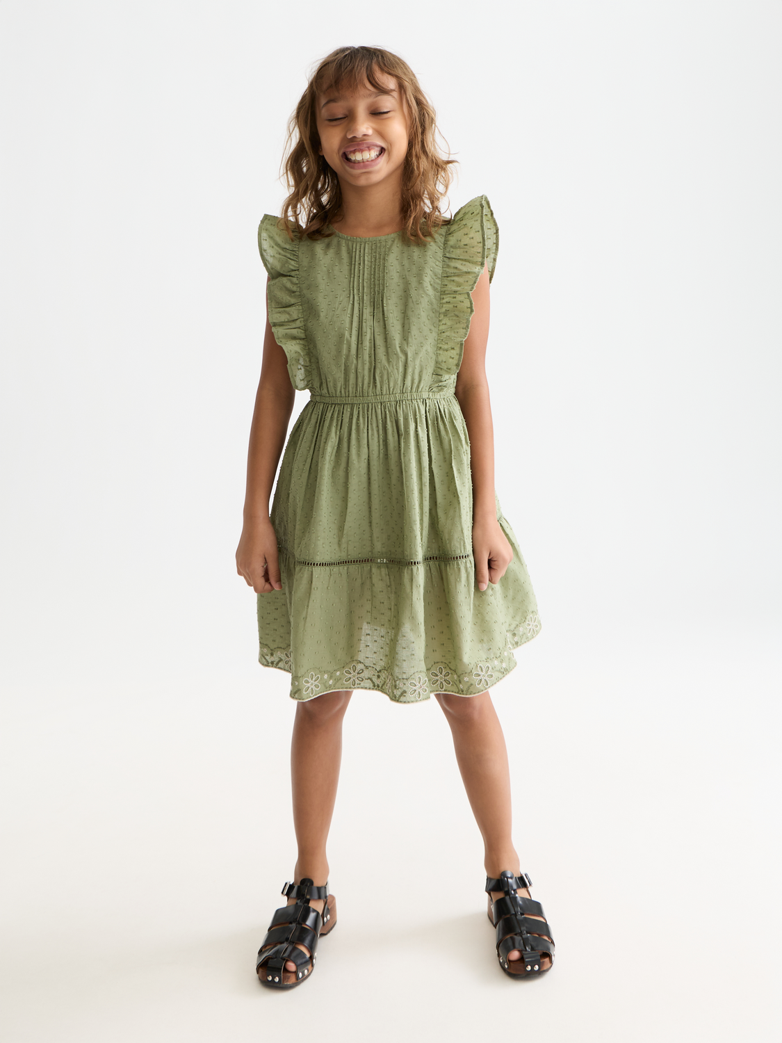 Girls' Embroidered Hem Clip Jacquard Cotton Dress