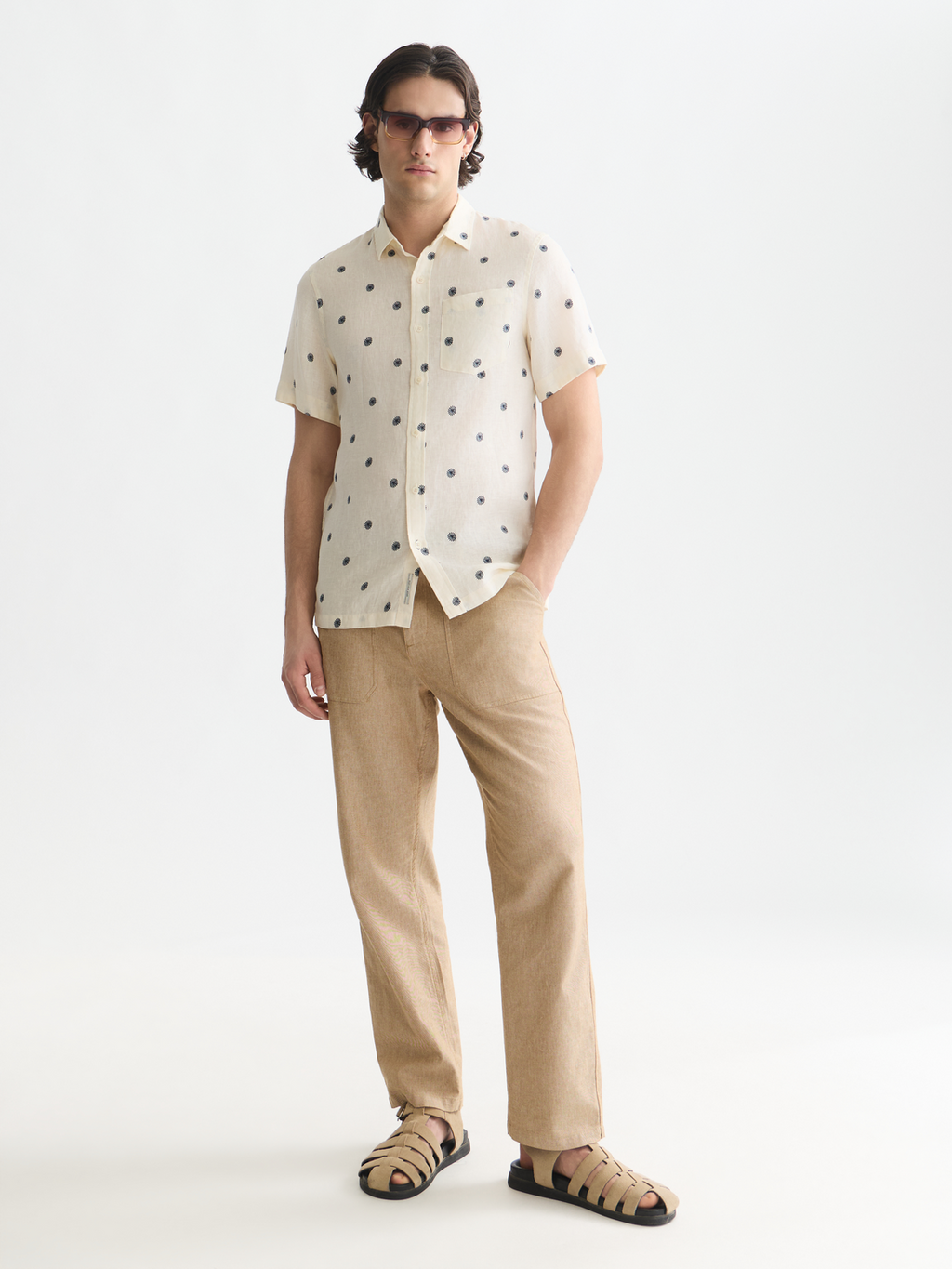 Linen Printed Regular-Fit Short-Sleeved Shirt