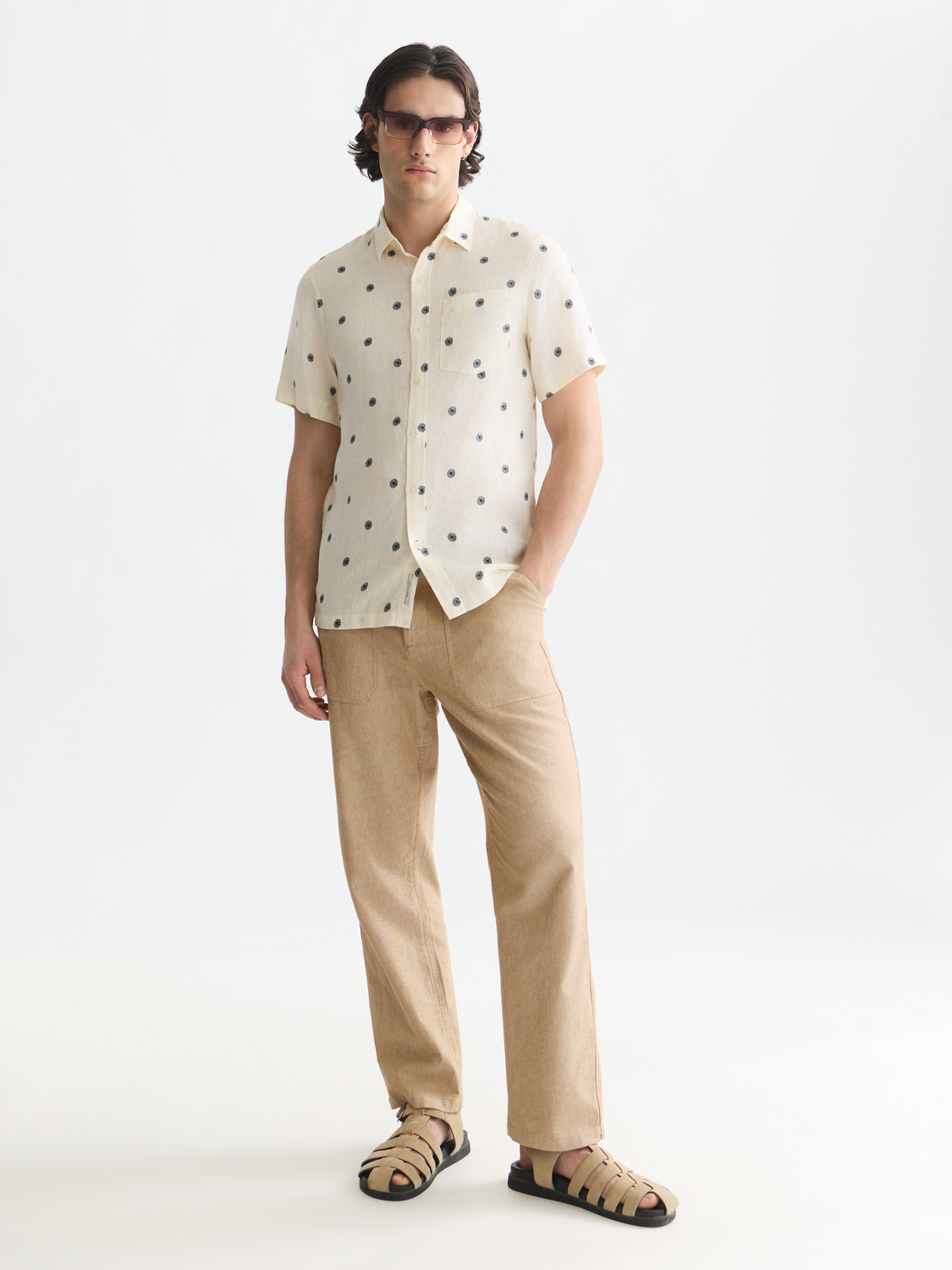 Linen Printed Regular-Fit Short-Sleeved Shirt