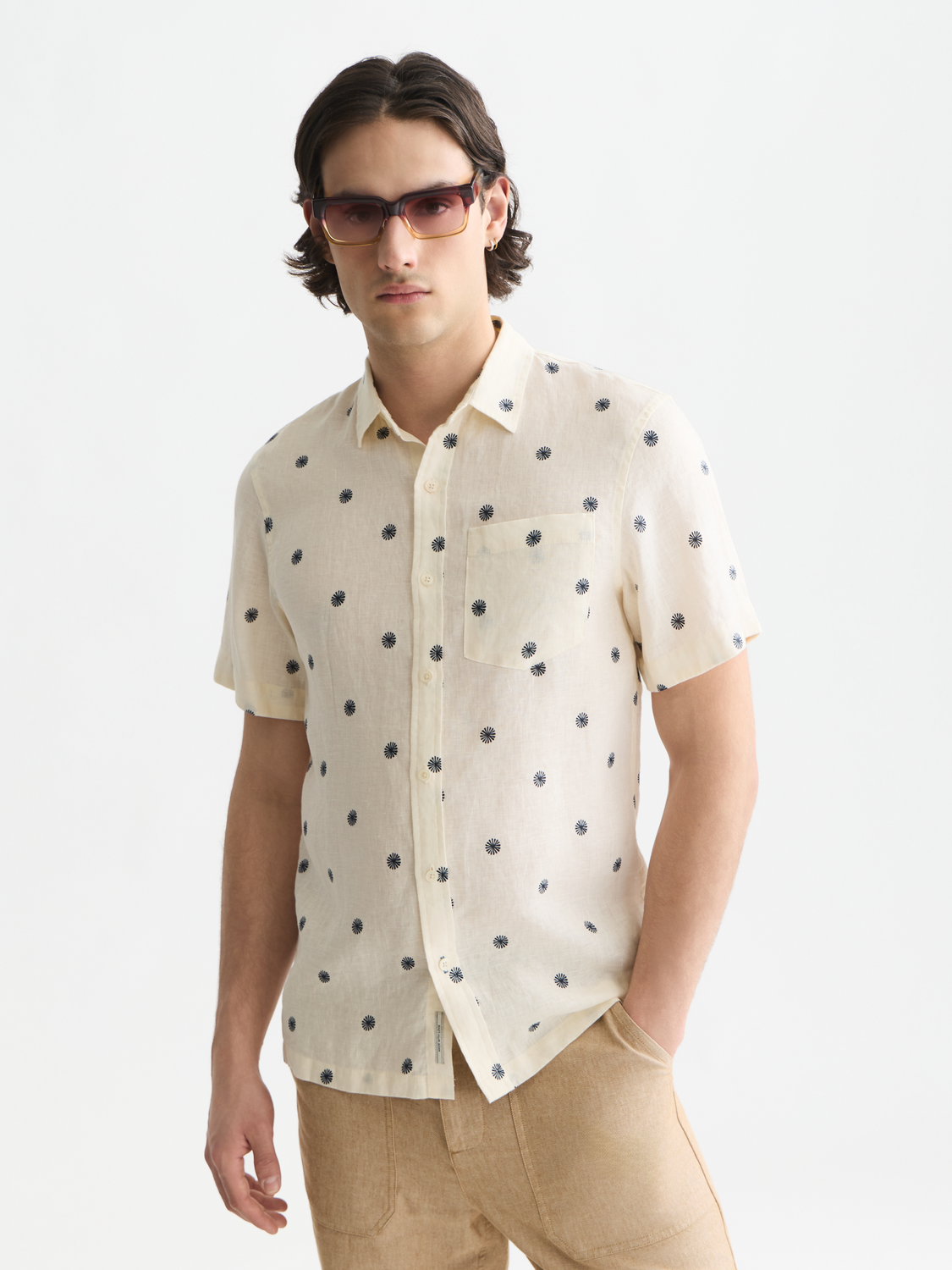 Linen Printed Regular-Fit Short-Sleeved Shirt