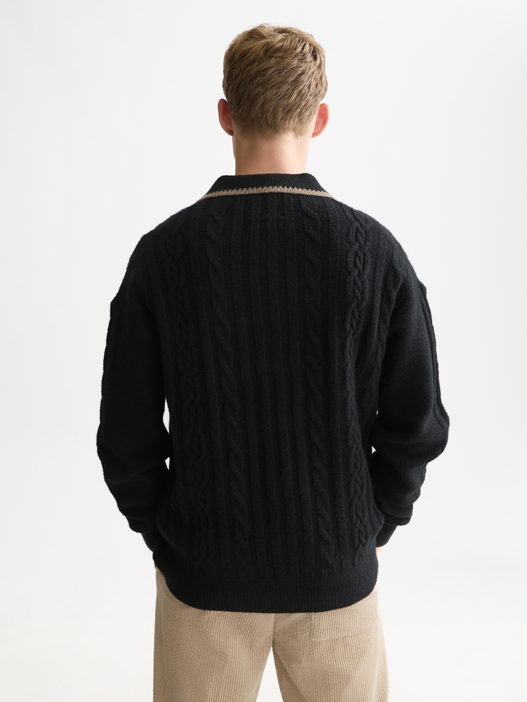 Soft Knit Polo Cable Dropped Shoulder Pullover