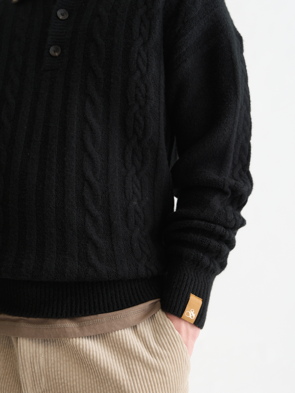 Soft Knit Polo Cable Dropped Shoulder Pullover