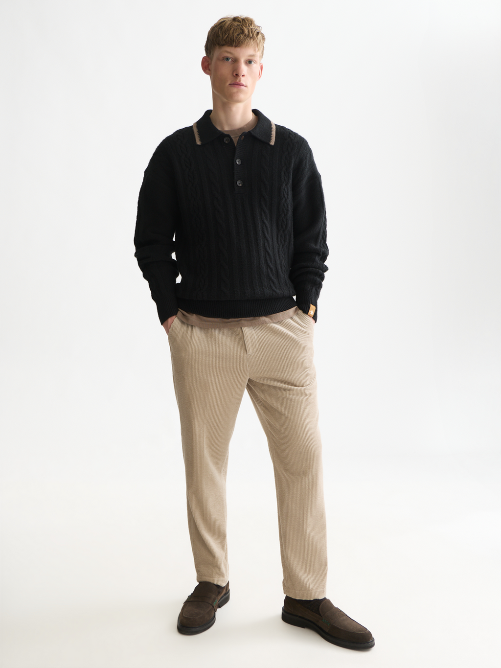 Soft Knit Polo Cable Dropped Shoulder Pullover
