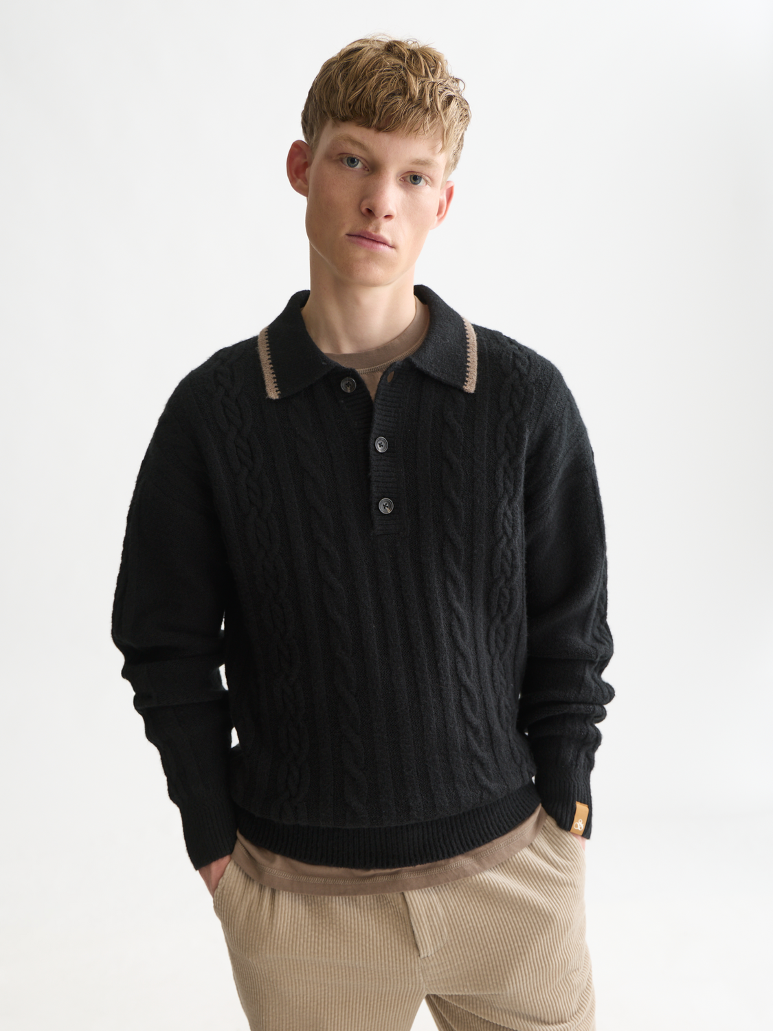 Soft Knit Polo Cable Dropped Shoulder Pullover