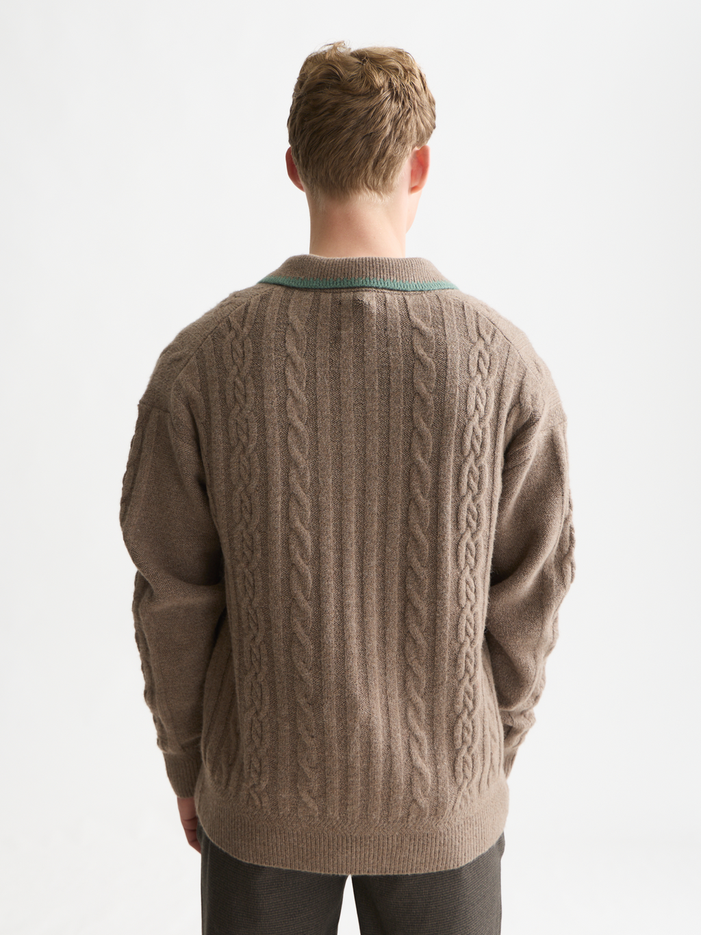 Soft Knit Polo Cable Dropped Shoulder Pullover