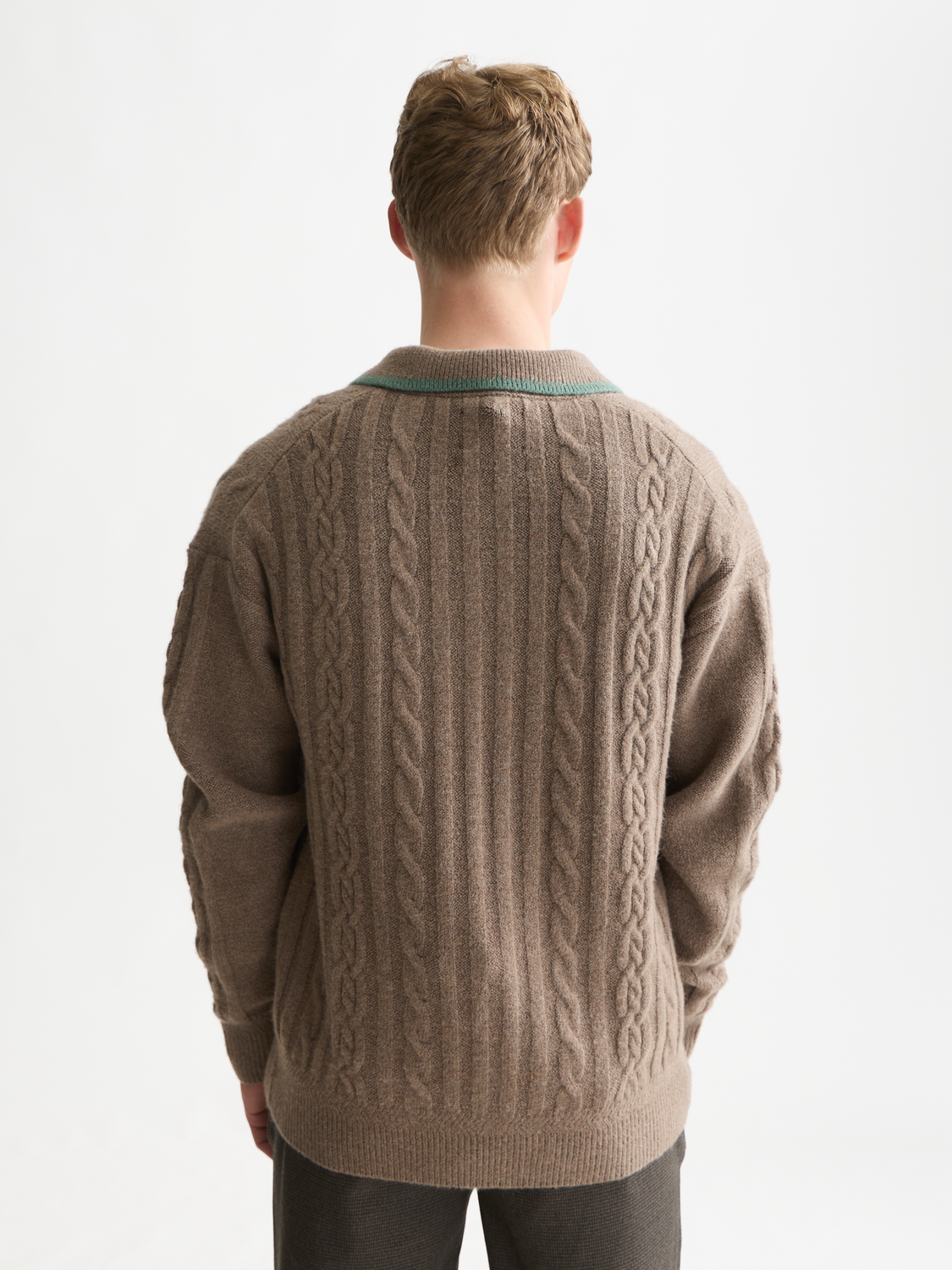 Soft Knit Polo Cable Dropped Shoulder Pullover