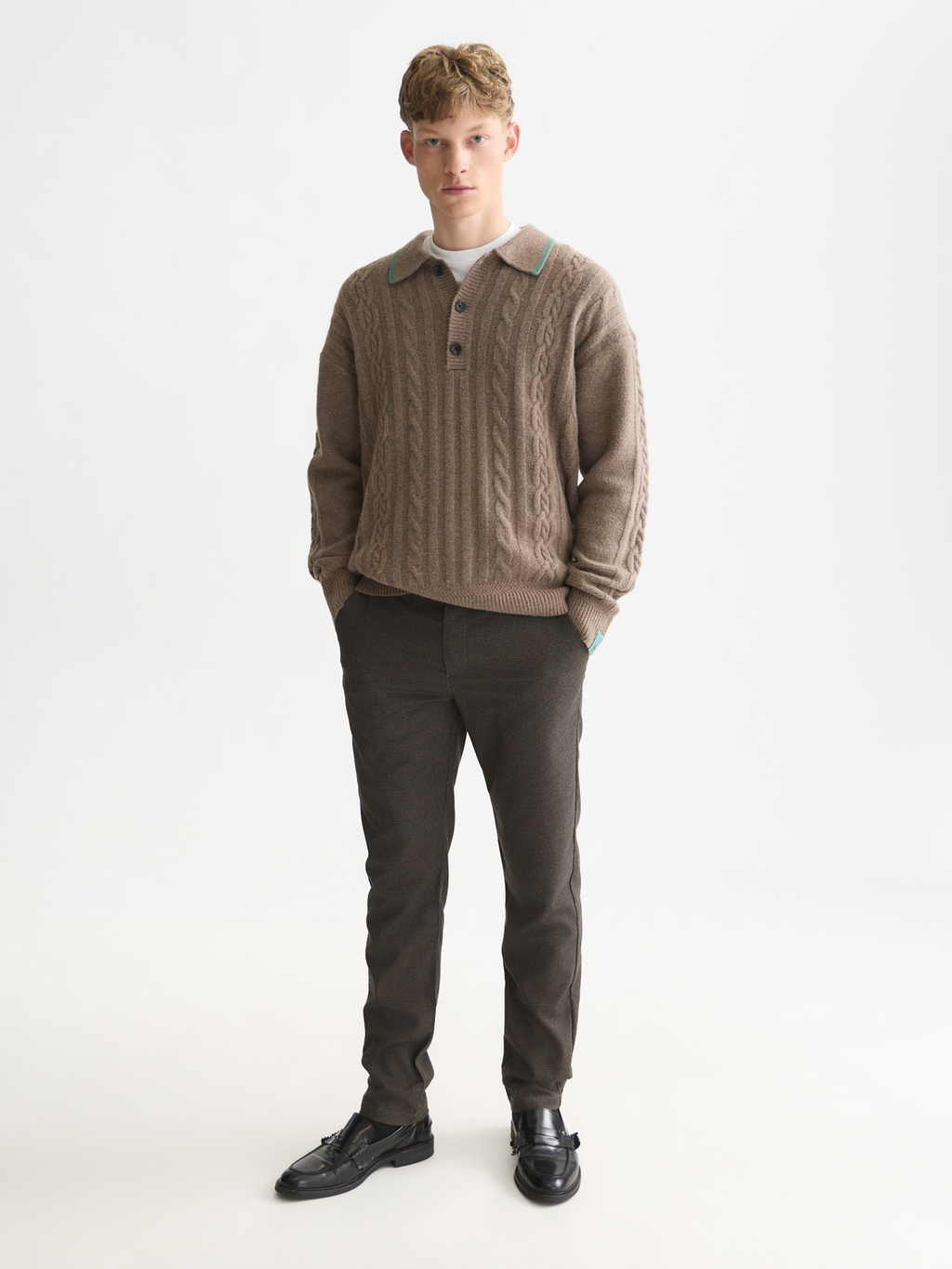 Soft Knit Polo Cable Dropped Shoulder Pullover