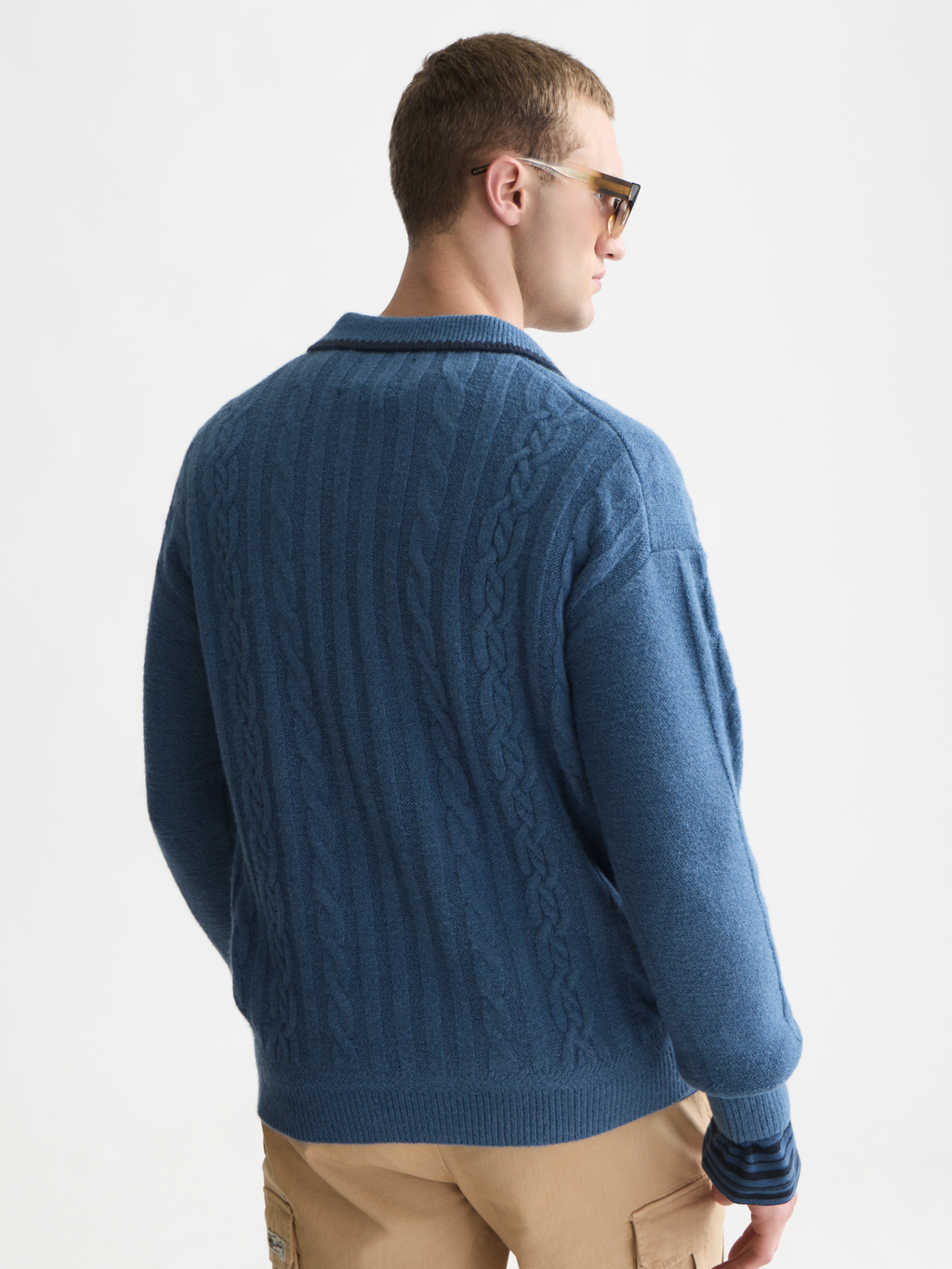 Soft Knit Polo Cable Dropped Shoulder Pullover