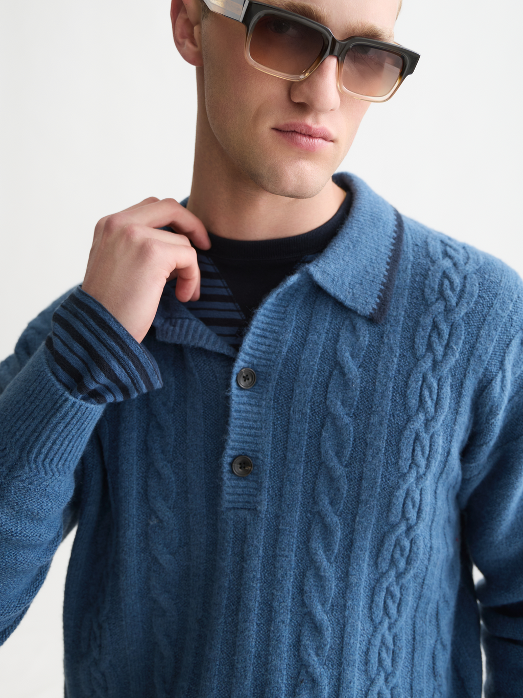 Soft Knit Polo Cable Dropped Shoulder Pullover
