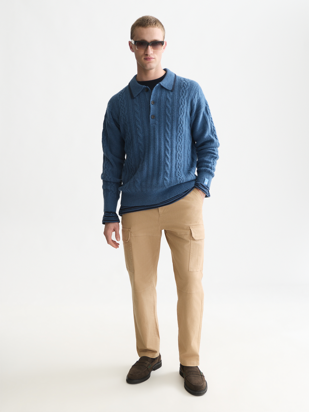 Soft Knit Polo Cable Dropped Shoulder Pullover