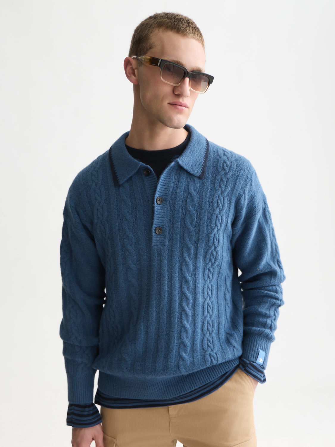 Soft Knit Polo Cable Dropped Shoulder Pullover