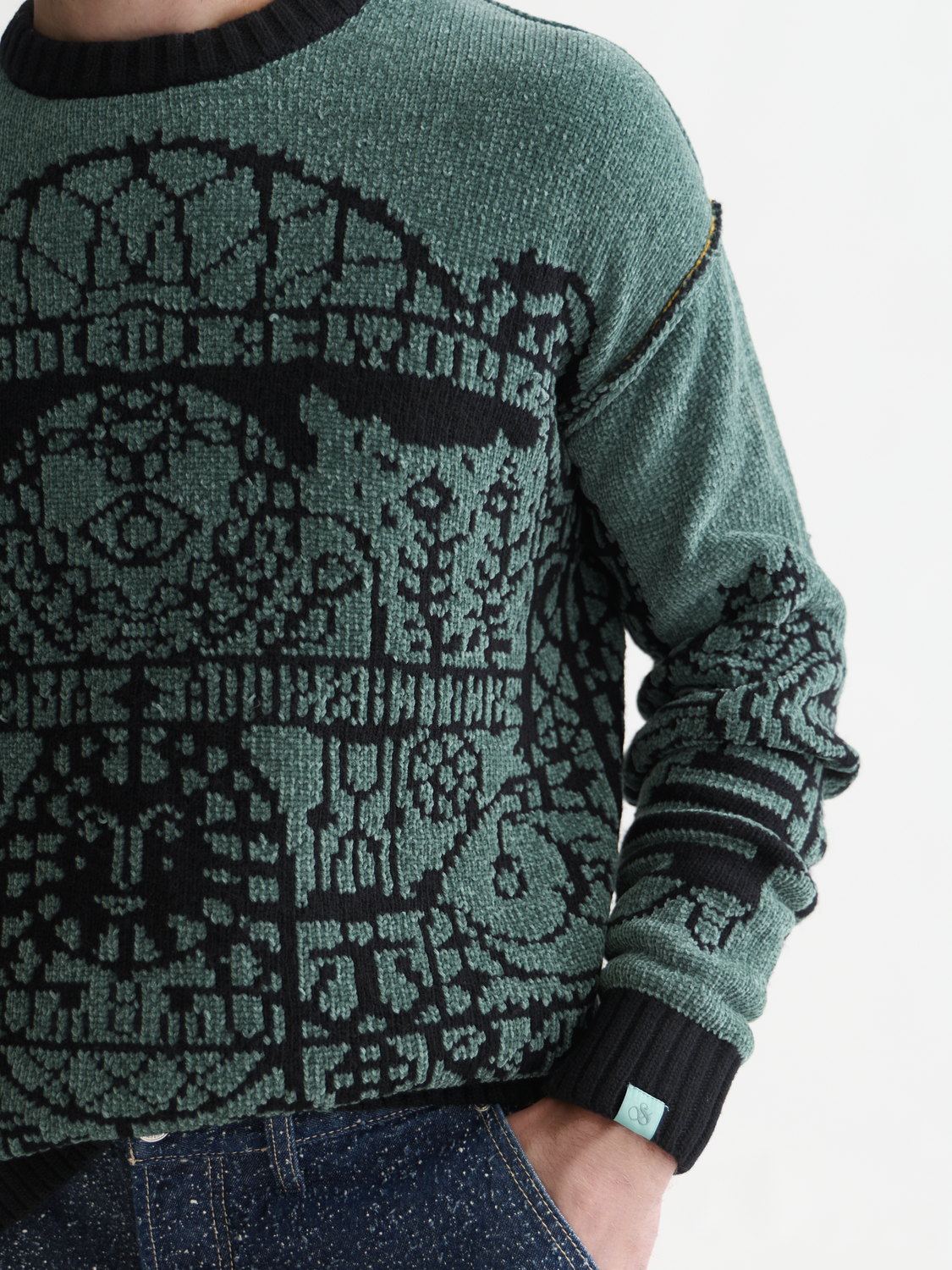 Chenille Jacquard Wool-Blend Dropped Shoulder Pullover