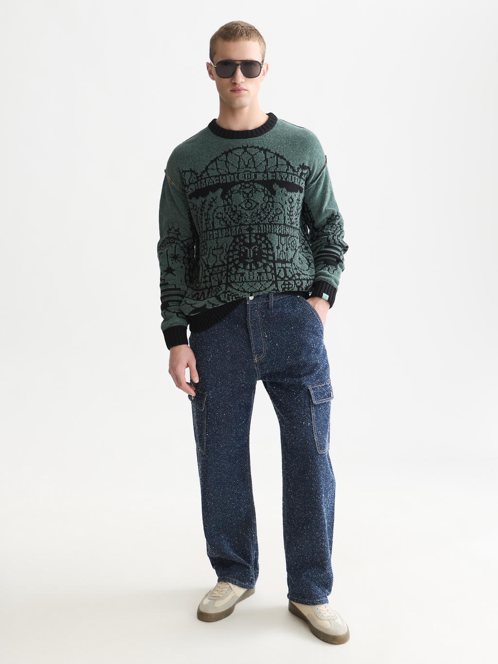 Chenille Jacquard Wool-Blend Dropped Shoulder Pullover