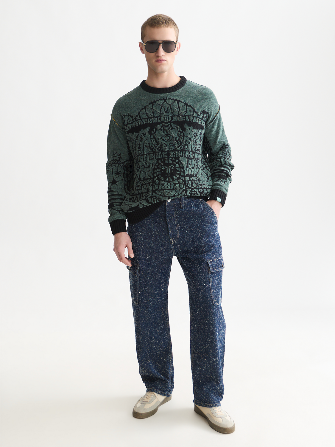 Chenille Jacquard Wool-Blend Dropped Shoulder Pullover