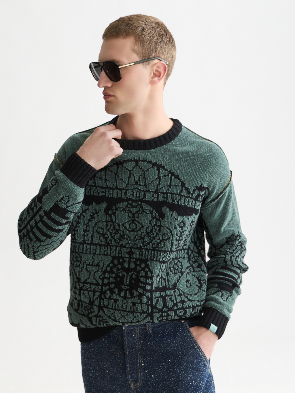 Chenille Jacquard Wool-Blend Dropped Shoulder Pullover