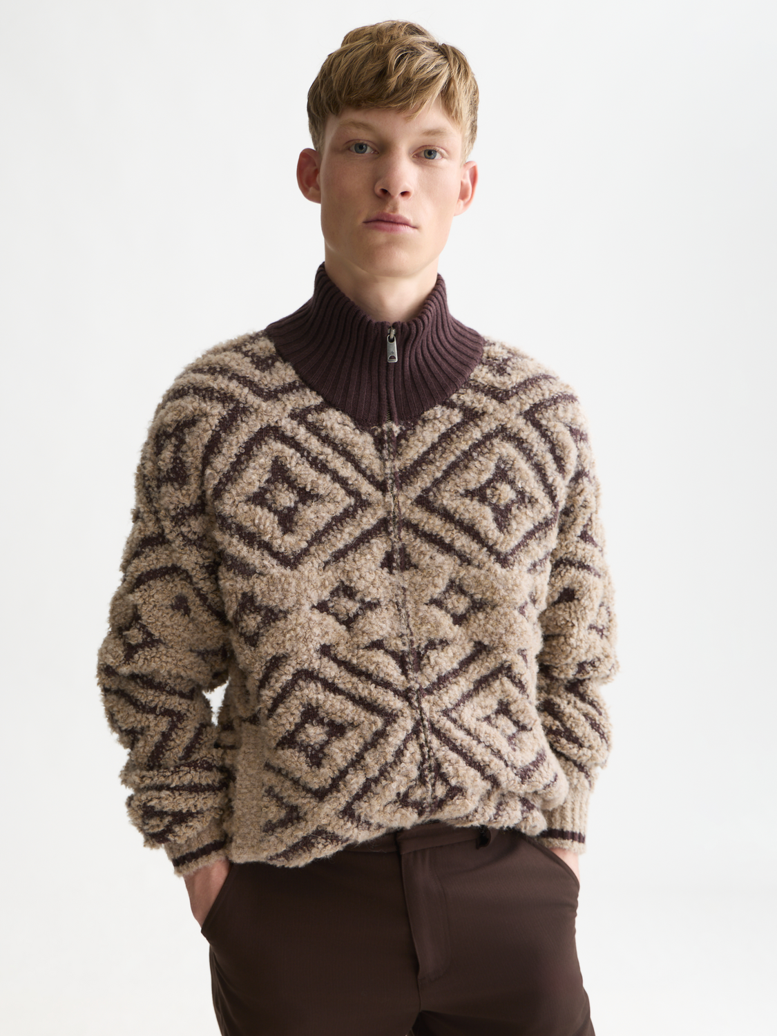 Jacquard Wool-Blend Relaxed-Fit Zip-Through Pullover