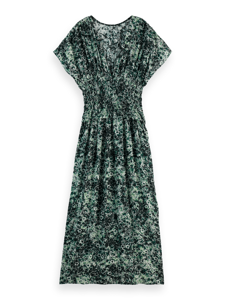 Printed Modal Smock Waist V-Neck Maxi Dress