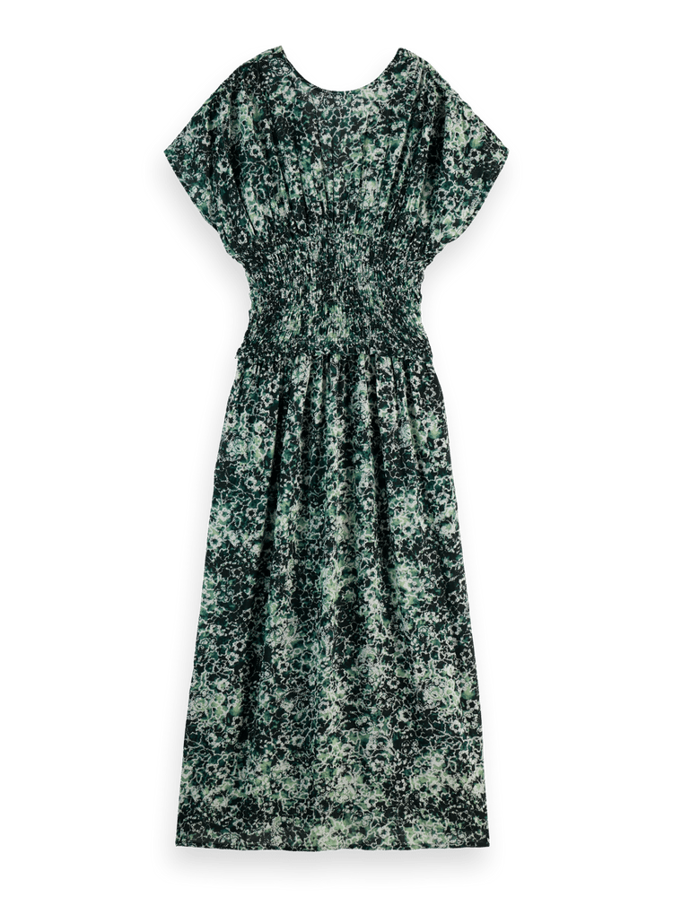 Printed Modal Smock Waist V-Neck Maxi Dress