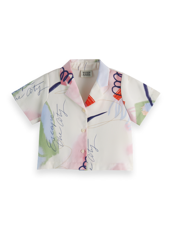 Girls' Linen-Blend Printed Short Sleeve Shirt