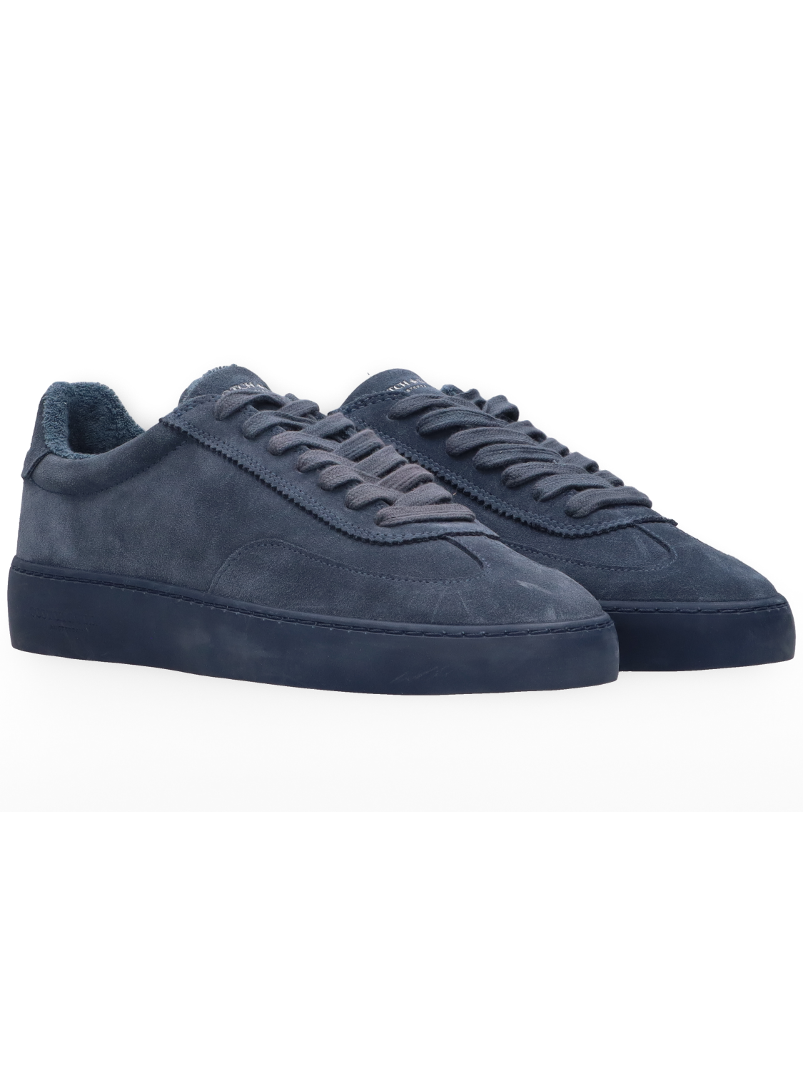Pair of blue suede sneakers on a white background