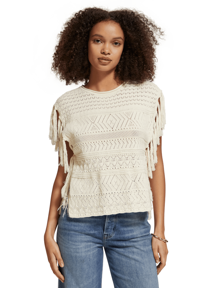 Pointelle Stitch Knitted Tank With Fringing