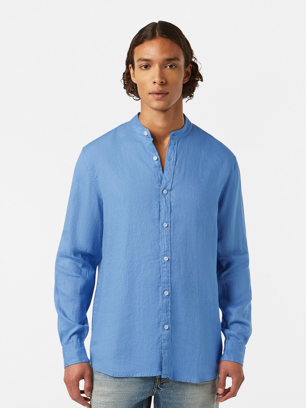 Regular Fit Stand-Up Collar Linen Shirt