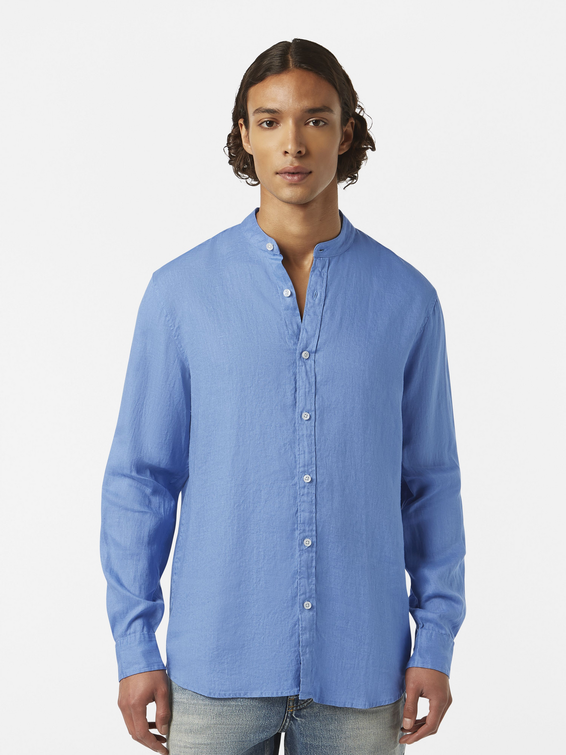Regular Fit Stand-Up Collar Linen Shirt