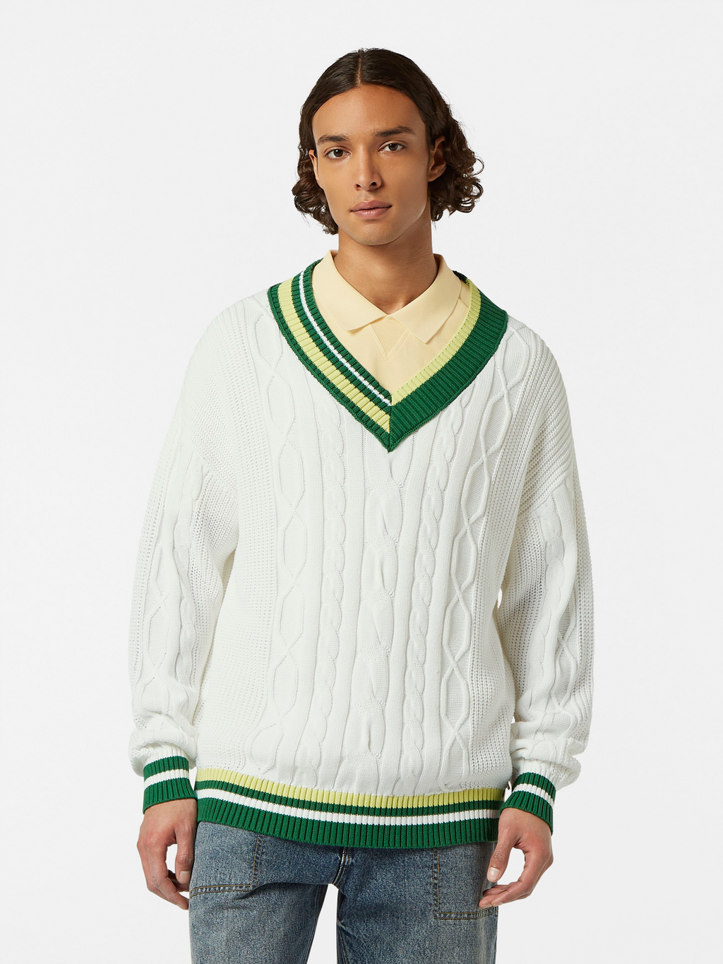 V-Neck Drop Shoulder Cable Knit Pullover