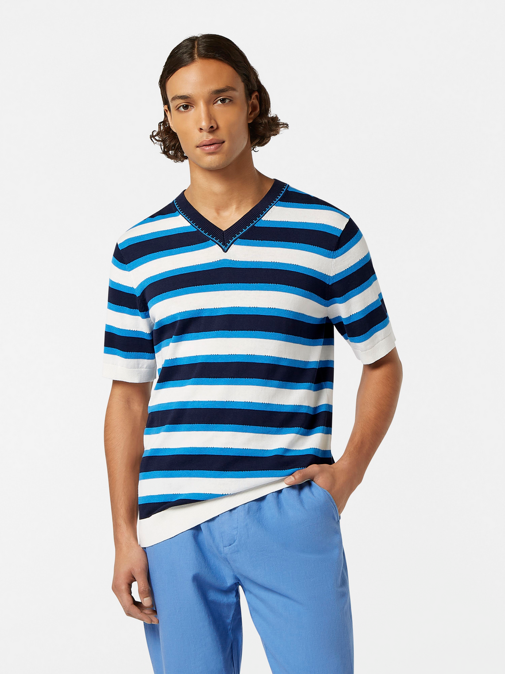 Striped Knit V-Neck T-Shirt